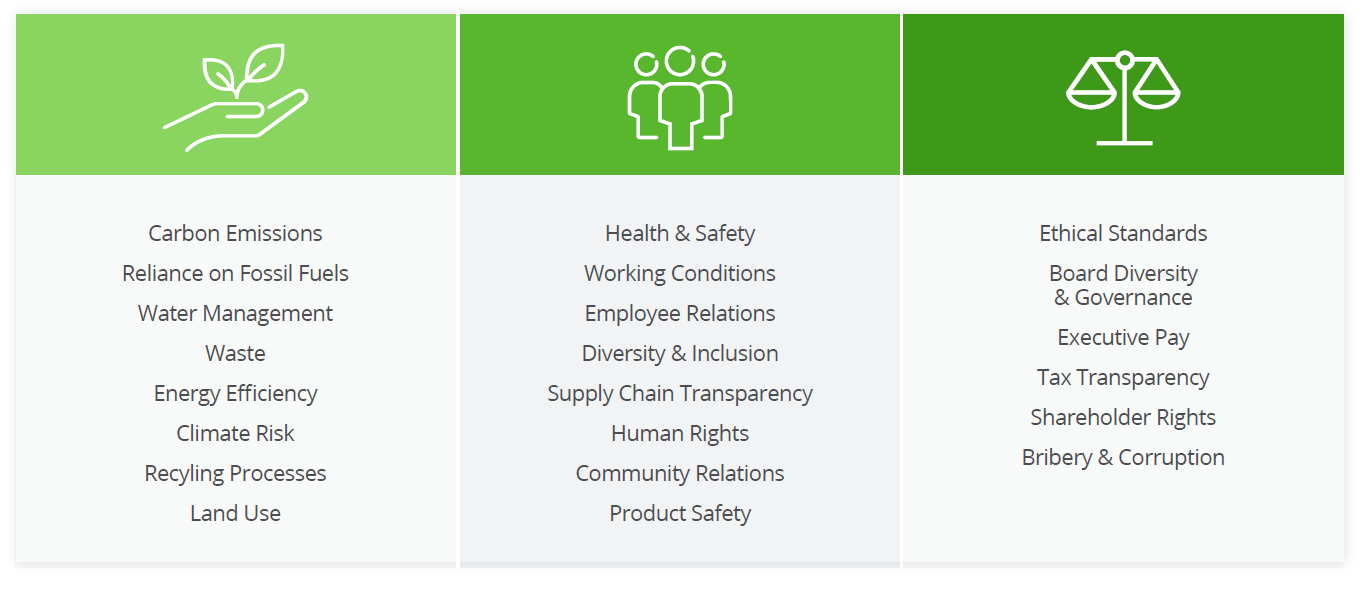 Graphic showing three pillars of ESG and the entities that fall under each